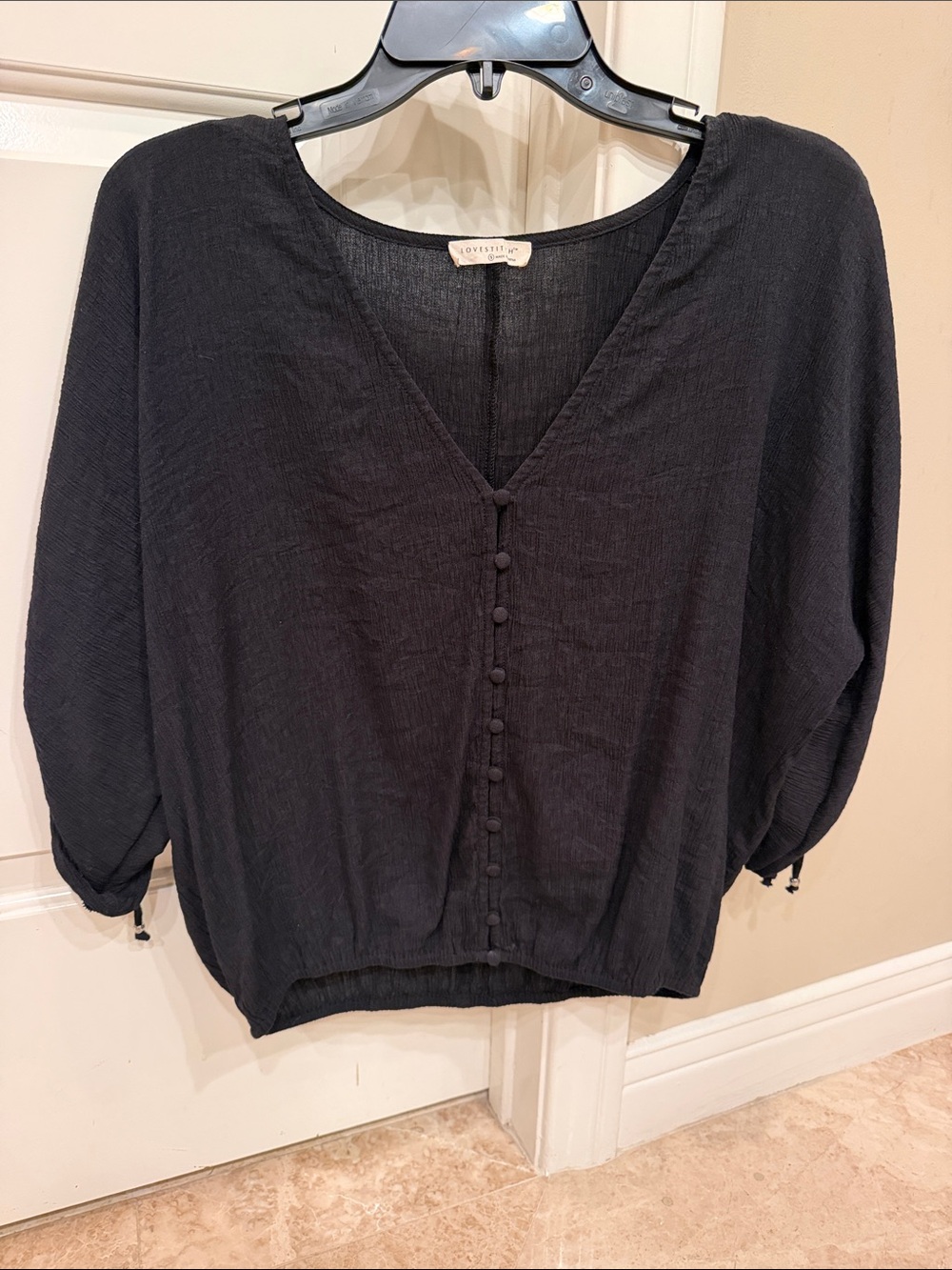 Love Stitch Black Textured Button Front Blouse Size Small